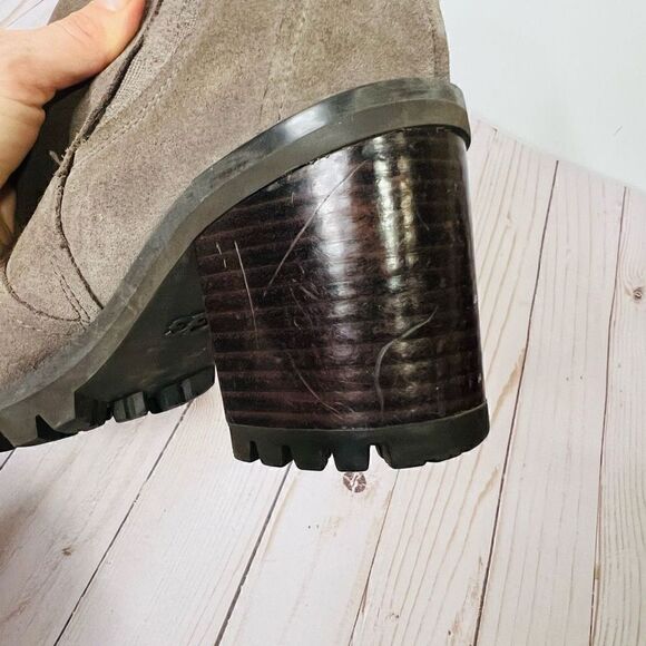 UGG Hazel Brown Taupe Suede Leather Chunky Block Heel Ankle Boots - Picture 9 of 10